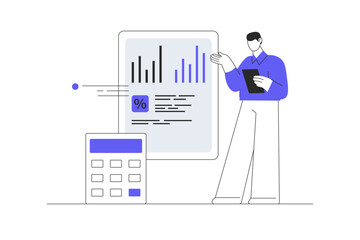 Accounting. Man analyzing financial statistics, company profit or business data, calculating and making inspection report. Flat Cartoon Vector Illustration, icon. Stylish abstract design landing page