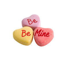 Obraz premium Three conversation heart candies with messages isolated on transparent background