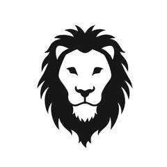 A majestic lion head with a full mane is depicted in a striking black and white silhouette, isolated on white background, symbolizing strength and leadership