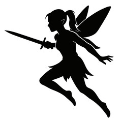 A dynamic silhouette of a female fairy warrior with wings holding a sword. A magical fantasy character flying in a combat pose.