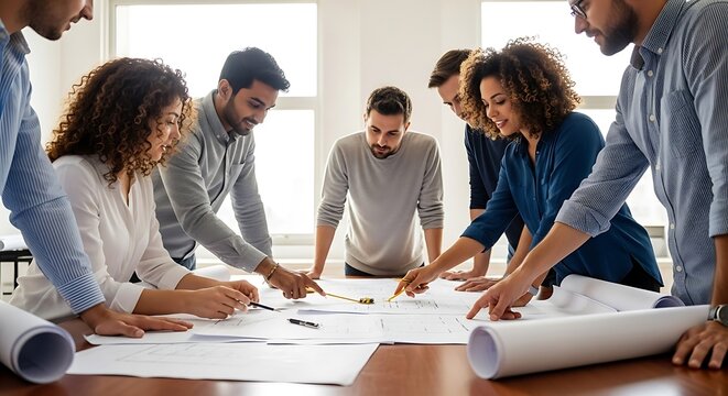 A diverse team of business professionals gathered around a table, collaborating and reviewing project blueprints.