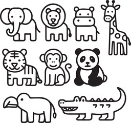 Obraz premium Cute Jungle Animals Line Art Icons Set