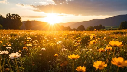 Fototapeta premium Golden cosmos field glows at sunset