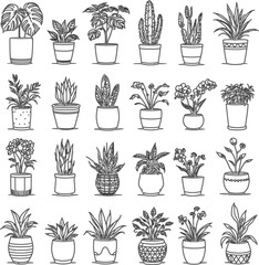 Botanical Icon Grid Featuring Succulents, Leafy Plants, Cacti, and Decorative Pots in Sketch Style