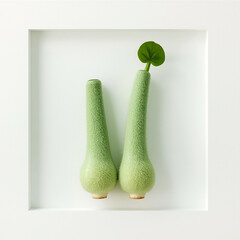 A striking minimalist composition featuring two pale green elongated plant cuttings with a small green leaf at the top