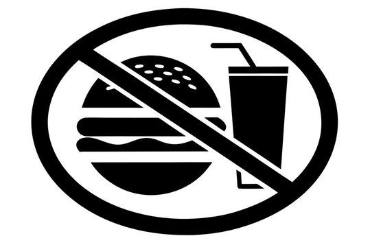 Red isolated prohibition symbols warn against smoking, food, and alcohol with clear stop icons