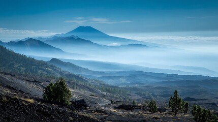 Volcanic Landscape with Mist and Distant Mountain under a Blue Sky .