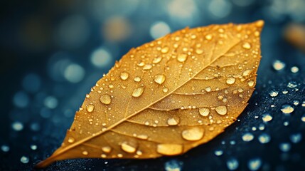 A high-detail close-up of a single golden leaf with water droplets 