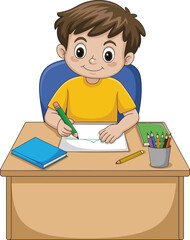 Cartoon boy drawing at desk with colored pencils, creative child student, school activity illustration, art education concept, isolated