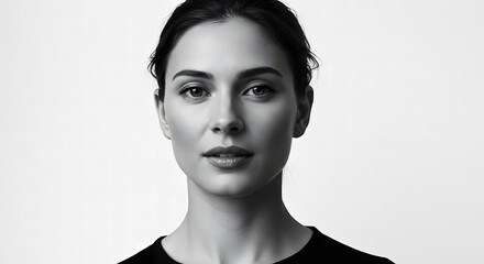Close up portrait of a woman with dark hair and eyes in black and white against a white background