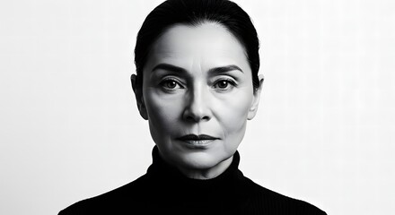 A monochrome portrait of a woman with dark hair wearing a turtleneck against a white background studio shot