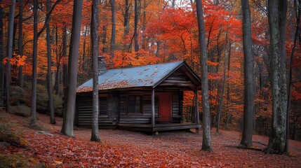 A wooden cabin in the woods, surrounded by red maple trees 