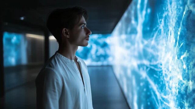 Man is looking at a large screen. The screen is blue and has a lot of dots on it. researcher observing floating quantum interface with entanglement display, glowing blue room, quantum ai development