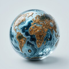 A semi-mechanical artistic globe, with continents formed of intricate golden gears and oceans swirling in blue-white motions, portraying a planet powered by both engineering and art