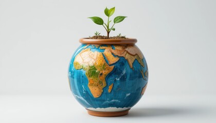 A globe reimagined as a plant pot with a sprouting seedling emerging from the top, symbolizing growth, care, and hope for planetary healing