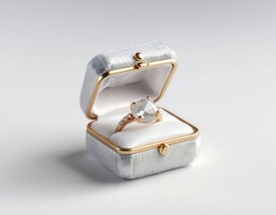 A classic gold ring featuring a central round diamond flanked by two smaller stones, nestled in a champagne silver velvet box with gold-trimmed white interior-symbolizing promises
