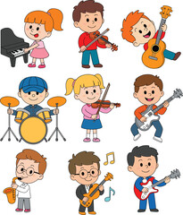 Cartoon kids playing musical instruments, children music band illustration, piano, guitar, drums, violin, saxophone, music education concept
