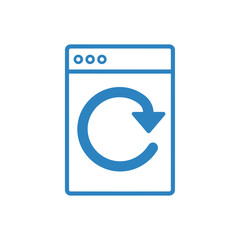 Simple blue line icon of a browser window with a large circular reload arrow symbol.