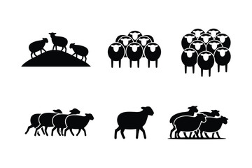 Black sheep silhouettes on white background flock herd