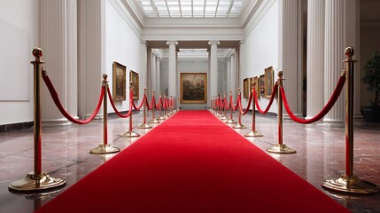 Wide-angle shot of an empty red carpet with velvet ropes and stanchions in front of a prestigious art gallery .