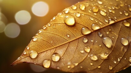 A high-detail close-up of a single golden leaf with water droplets 