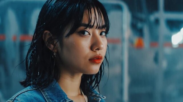 A young woman with wet hair showcases her boldness in a denim jacket amidst an urban backdrop. The atmosphere is moody, highlighting her expressive features and the rain