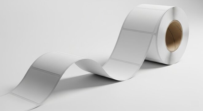 Roll of blank adhesive labels with paper backing on white background