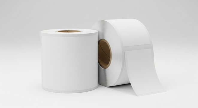 Two blank thermal label rolls with adhesive backing on white background