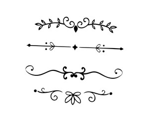 text dividers doodle set. Wedding decorative elements. Divider ornament, borders, floral, vintage line separators. Hand drawn vector illustration isolated on white background. Set page dividers.