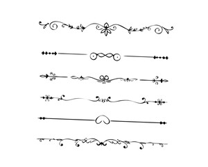 text dividers doodle set. Wedding decorative elements. Divider ornament, borders, floral, vintage line separators. Hand drawn vector illustration isolated on white background. Set page dividers.
