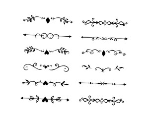 Obraz premium text dividers doodle set. Wedding decorative elements. Divider ornament, borders, floral, vintage line separators. Hand drawn vector illustration isolated on white background. Set page dividers.