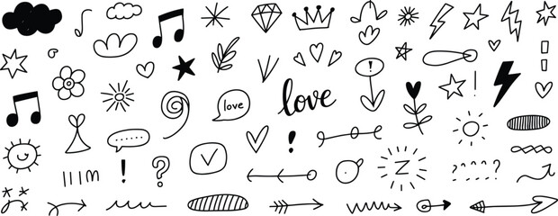 Hand-drawn doodle elements, cute sketch icons, love symbols, abstract vector decorations, playful illustrations for design, notes, cards, social media