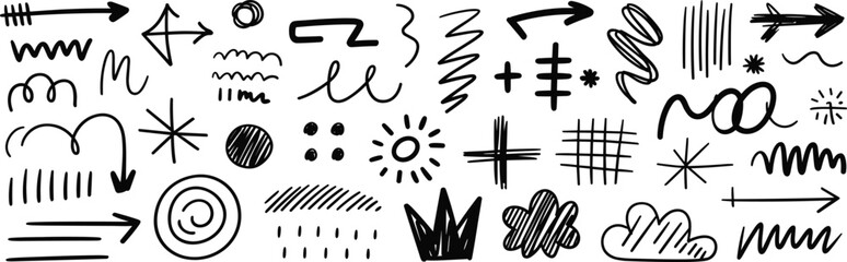 Hand-drawn sketch elements, abstract arrows, scribble lines, doodle shapes, marker symbols, vector set for design, presentation, decoration, artwork