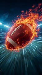 Fiery Flying Dynamic Pigskin Football at Speed Athletic Tournament Championship Sports American College Sport Game Ball Stadium Background