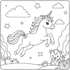 Cute Unicorn Coloring Page for Kids – Magical Unicorn Leaping with Stars and Clouds