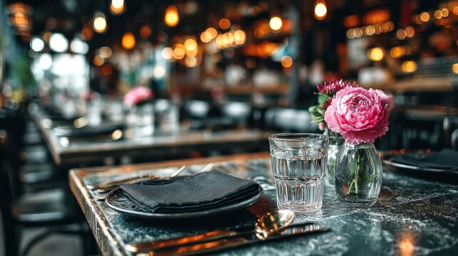 Restaurant table setting with pink flowers