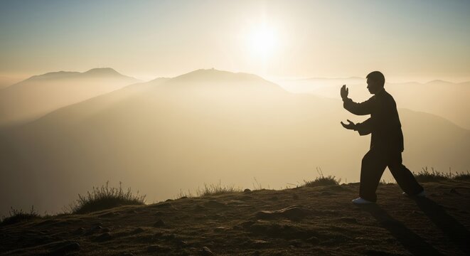 Silhouette of person practicing tai chi on mountain at sunrise