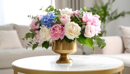 Hydrangea and peonies in gold vase