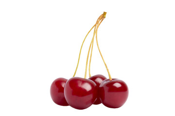Four red cherries with stems, isolated on transparent background, PNG