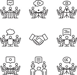 Business Meeting and Collaboration Icons Set A collection of line art illustrations depicting teamwork communication negotiation and partnership in a professional environment perfect for business