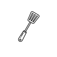 Stainless steel spatula for flipping and stirring food during cooking and grilling.