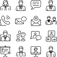 Set of business communication icons in linear style including people messages phone calls presentations and organization charts perfect for web design and user interface elements