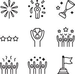 Collection of celebration and achievement icons in outline style including fireworks winners trophies stars and flags perfect for highlighting success and victory in various contexts