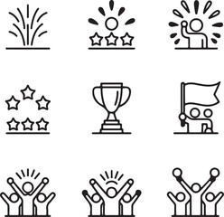 Set of simple line icons related to success achievement winning and celebration including a trophy fireworks stars and cheering crowds on a white background