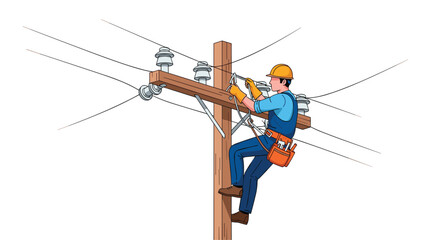 Skilled worker in protective gear climbs a wooden utility pole maintaining power lines and electrical infrastructure high above ground