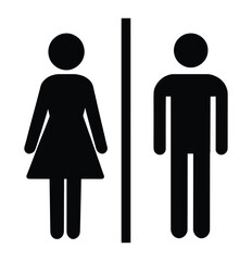 A modern minimalist toilet logo showing a male figure on the left and a female figure on the right, separated by a vertical line, designed in clean black silhouette style