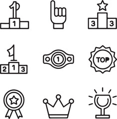 Set of outline icons related to victory success and achievement including a podium champion belt crown trophy medal and pointing hand isolated on white