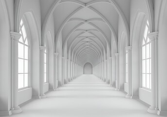 Fototapeta premium An ancient European monastery's stone corridor with arches and columns creates a captivating architectural interior, bathed in light, hinting at a long history