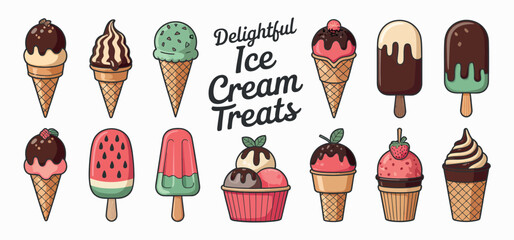 Collection of Delightful Ice Cream Treats Vector Illustrations for Summer Menus and Dessert Designs, Isolated on White Background