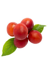 Red cherry plums with leaves, isolated on transparent background, PNG